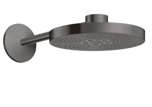 Kopfbrause in Brushed Black Chrome mit runder Form und speziellem Brausearm, montiert an einer Wand, von der Marke AXOR.